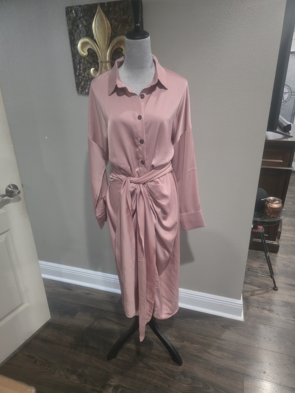 Dusty Pink Midi Shirt Dress with Tie Waist
